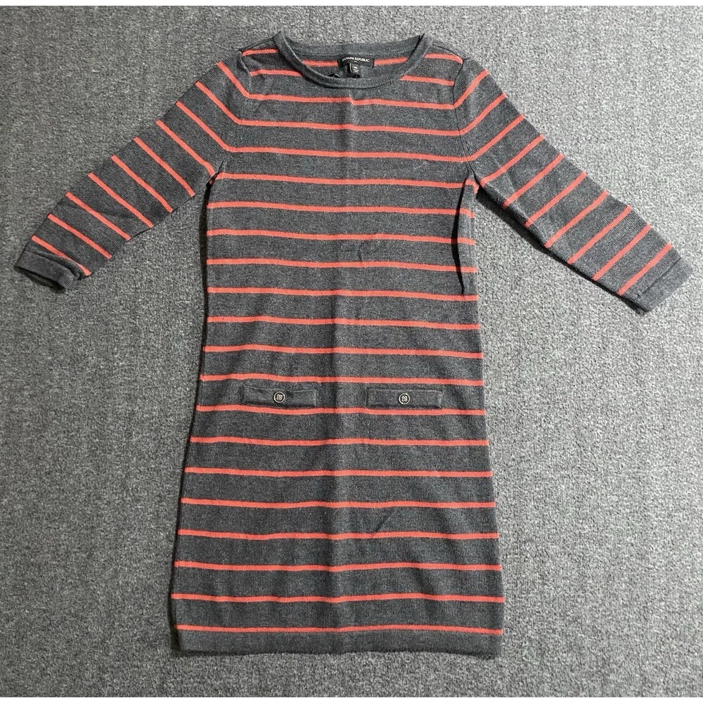 Banana Republic Gray Coral Striped Sweater Dress 3/4 Sleeve Pockets XS 447606-00